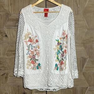 Cristina V Womens White Embroidered Crochet Top Size XL Bohemian